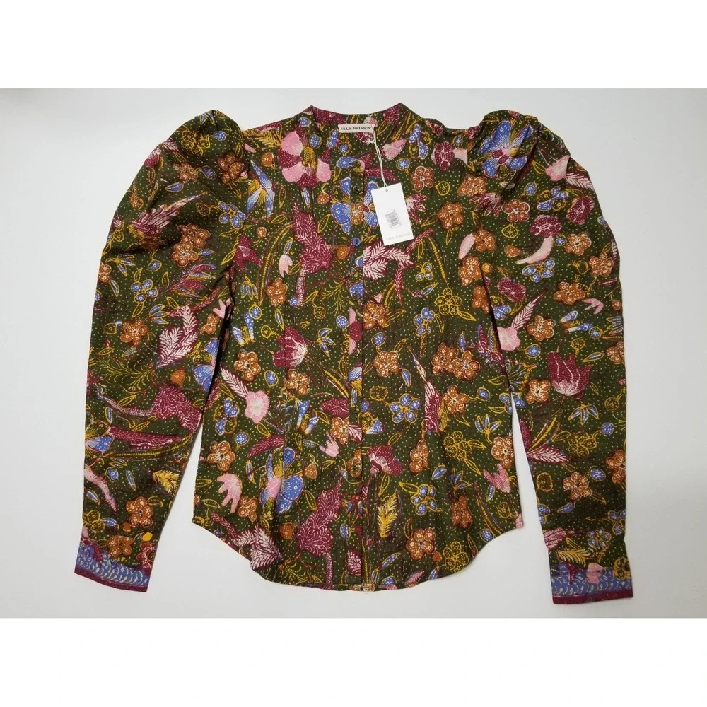 Ulla Johnson Willa Puff Sleeve 100% Cotton Blouse Pine Green Floral Size 0 $275